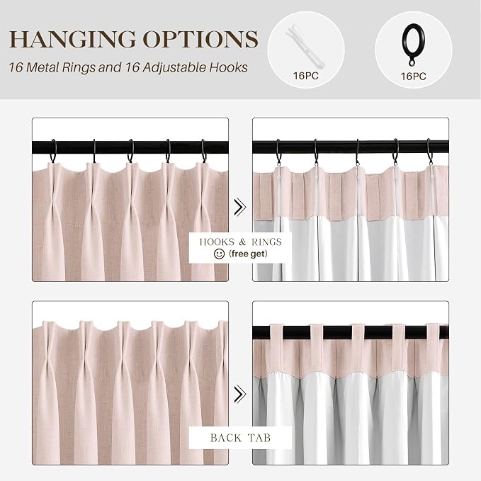 IVAPUPU Pink Pinch Pleated Full Blackout Linen Curtains for Girls Bedroom, Black Out Curtains 102 Inches Long Room Darkening Thermal Insulated Pleat Drapes Baby Pink Dusty Blush for Nursery, 2 Panels