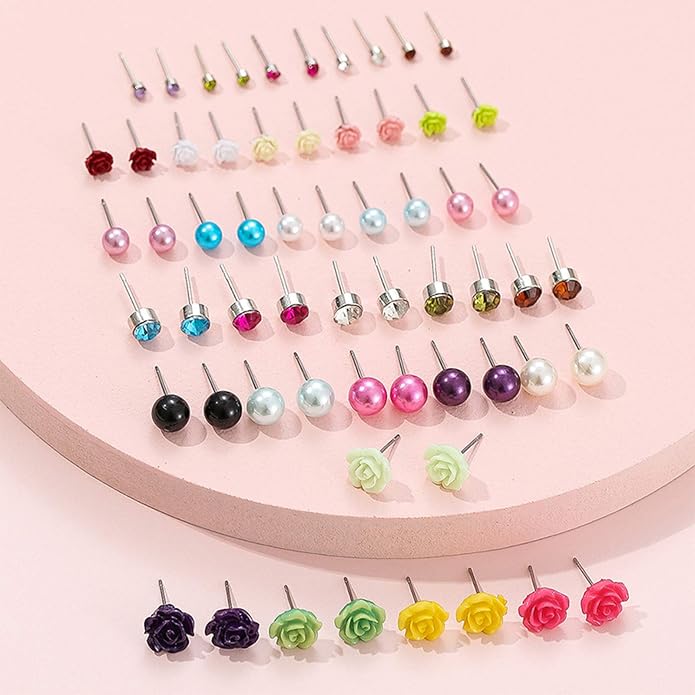 NEWITIN 100 Pairs Colorful Cute Earrings for Girls Sensitive Ears Hypoallergenic Girl Stud Earrings Set Stainless Steel Cartoon Stud for Girls and Women