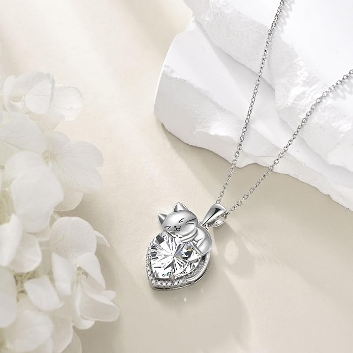 Cat Necklace Sterling Silver Cat Zircon Pendant Gothic Jewelry for Women Animal Lovers Gifts