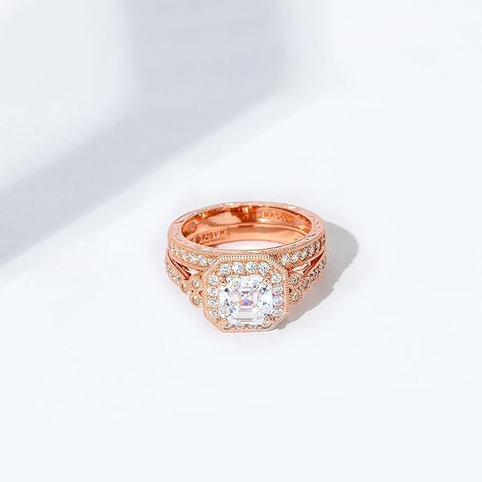 Amazon Essentials Platinum or Gold Plated Sterling Silver Antique Ring set with Asscher-Cut Infinite Elements Cubic Zirconia