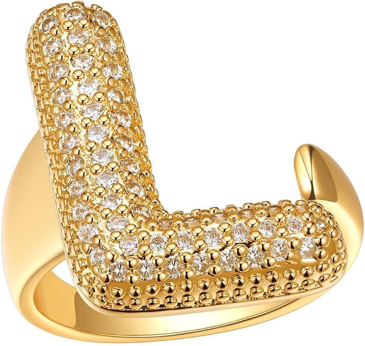 FindChic Initial Ring for Women, Gold Plated Chunky Letter Rings Open Adjustable Trendy Sparkling Cubic Zirconia Personalized Statement Rings Jewelry Gift