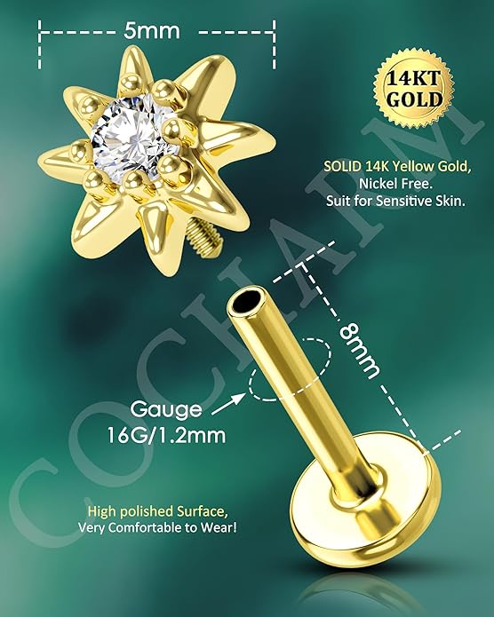 COCHARM 14K Real Gold Helix Cartilage Conch Earring Stud 16g Flat Back Sun Helix Cartilage Conch Tragus Piercing 16g Yellow Gold Internally Threaded Star Tragus Stud Jewelry