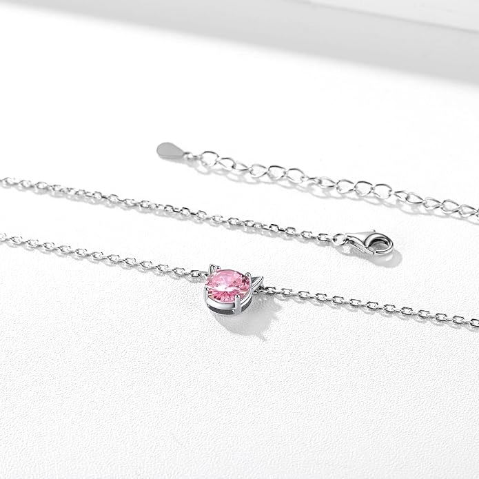 ChicSilver Bow and Cat Birthstone Necklace, 925 Sterling Silver Pendant Necklaces for Women, Hypoallergenic Silver Choker with 16 inch Rolo Chain, 12 Months Jewelry for Valentines Mothers Day Christmas