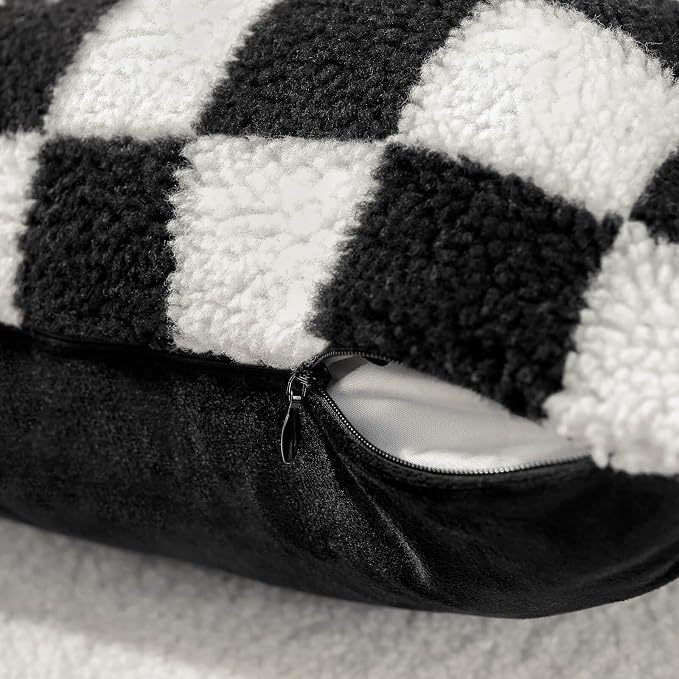 AmHoo Pack of 2 Decorative Throw Pillow Covers Checkerboard Luxury Super Soft Faux Fur Wool Set Case Cushion for Couch Sofa Bedroom 12 x 20-Inch Black