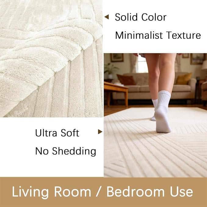 5x7 Beige Area Rug, Washable Rugs for Living Room Bedroom | Fluffy High-Low Pile Textured Rug with Modern Geometric Pattern, Ultra Soft Boho Carpet for Nursery, Kids Room, Home Office