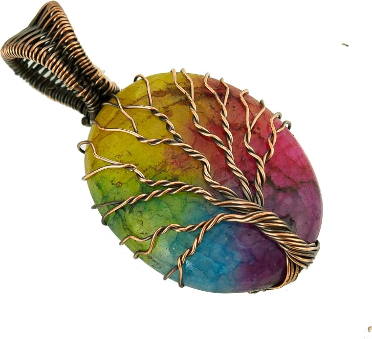 Tree Of Life Natural Gemstone Pendant Copper Wire Wrapped Jewelry Necklace