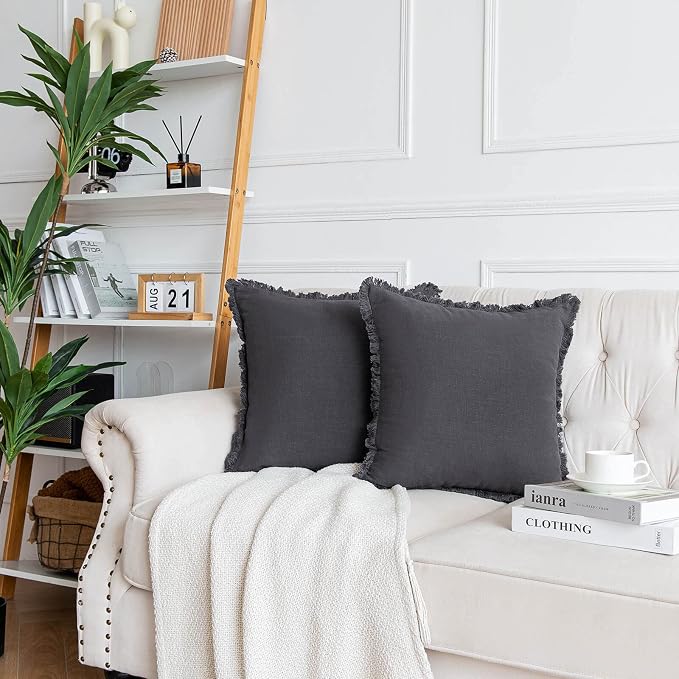 AmHoo Pack of 2 Linen Pillow Covers with Tassels Fringed Decorative Rustic Natural Throw Pillowcase Cushion for Couch Sofa Bedroom 18 x 18-Inch Dark Grey