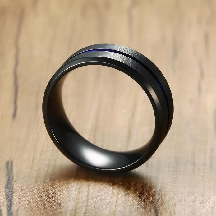 MMTTAO Men's Titanium Ring Wedding Bands for Men Women 6MM 8MM 10MM Black/Blue/Silver Engagement Band Wedding Rings Beveled Edge Brushed Matte Finished & Polished Grooved Center Comfort Fit Size 6-13