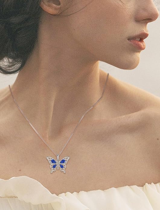 Butterfly Necklace 925 Sterling Silver Celtic Knot Pendant Teardrop Birthstone Twisted Jewelry for Women