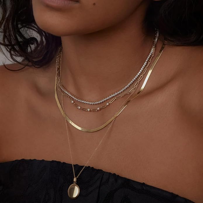 WomenGifts 14K Gold Silver Plated Herringbone Necklace for Women, Dainty Snake Chain Choker, Trendy Simple Long Layered Jewelry Non Tarnish, 3/4/5/8mm,14,16,18,20,22,24,26 Inch Thin & Chunky Options