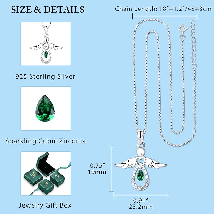 FJ Guardian Angel Necklace 925 Sterling Silver Birthstone Pendant Angel Jewelry Gifts for Women