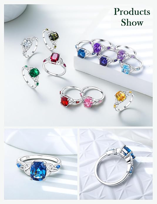 925 Sterling Silver Birthstone Rings for Women Cushion Cut Engagement Celtic Knot Ring Irish Jewelry Created Gemstone Anniversary Rings Size 6-10(with Box)