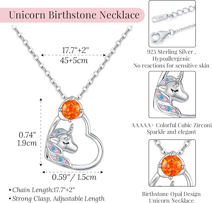 CDE Christmas Gift for women Cute Unicorn Birthstone Necklace for Girls Daughter 925 Sterling Silver Opal Heart Pendant Graduation Birthday Christmas Jewelry Gift for Teenage Girls Niece