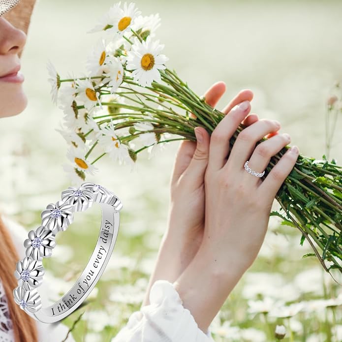 Dainty Daisy Ring for Women, S925 Sterling Silver Cubic Zirconia Sunflower Flower Ring For Daughter, I Think Of You Every Daisy Ring, Birthstone Flower Ring