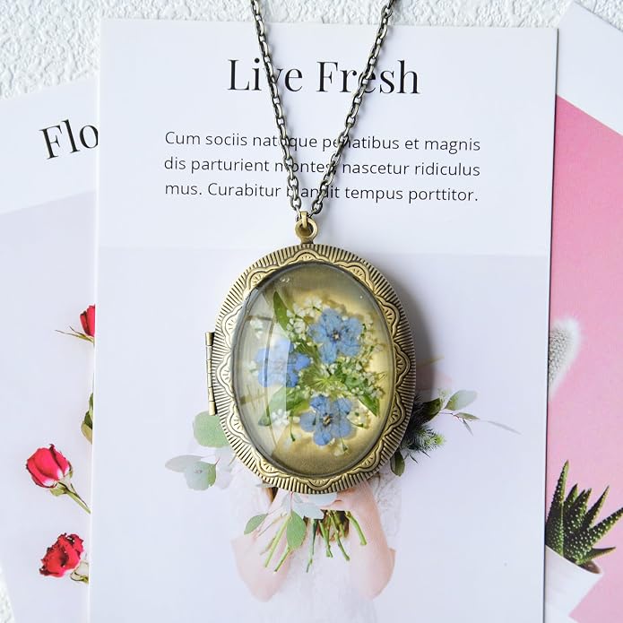 Vintage Photo Locket Necklace Handmade Pressed Flower Locket Necklace for Women