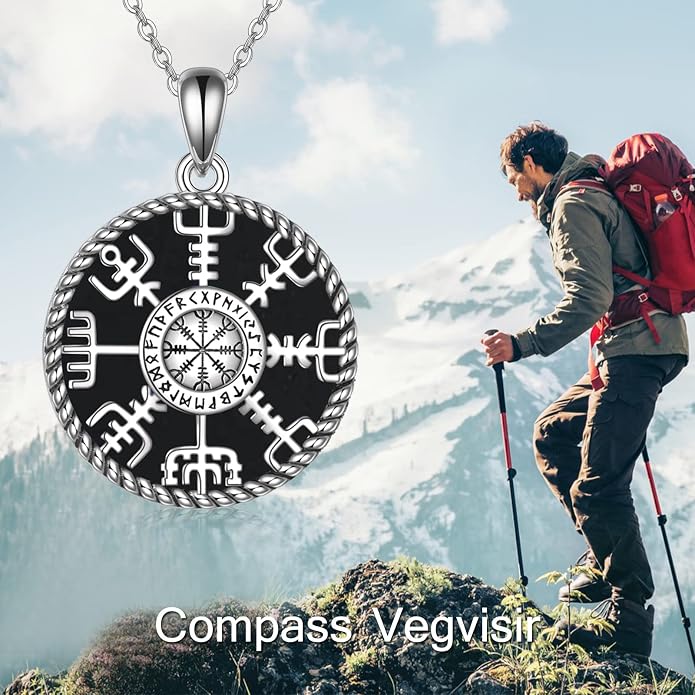Viking Compass Necklace Sterling Silver Runes Vegvisir Pendant Necklace Mothers Day Jewelry Gift for Women Mom