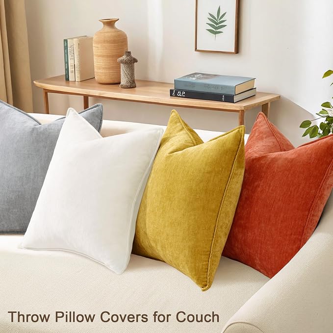 decorUhome Set of 4 Chenille Throw Pillow Covers 18x18(Cream/Rust) | Couch Decorative Soft Neutral Pillow Covers with Elegant Design for Living Room Bed Sofa