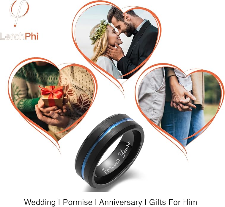 LerchPhi Tungsten Wedding Band for Men, Engraved and Customizable Promise Rings for Him and Her, Width 6MM 8MM Size 6-14, Center Grooved Beveled Edge, Comfort Fit