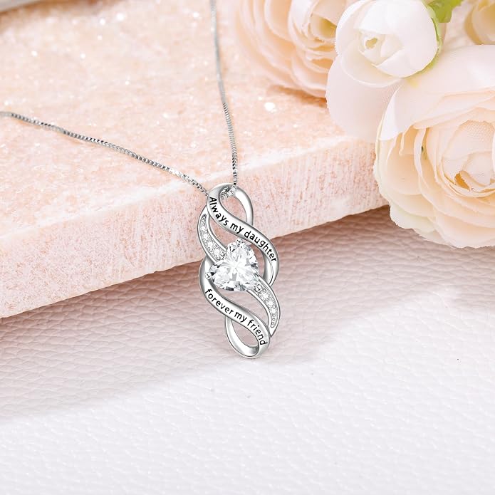 Daughter Necklace 925 Sterling Silver Always My Daughter Forever My Friend Infinity Necklace to Daughter Birthday Gift from Mom with 12 Birthstones