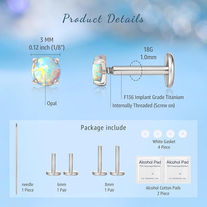 Limerencia 2Pcs 18g Titanium Internally Threaded Tragus Piercing Jewelry Nose Studs Flat Back Earrings Labret, Lip, Helix, Cartilage, Conch, Medusa Piercing for Women Men Sensitive Ears