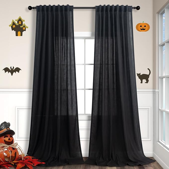 Modern Black Linen Curtains 96 Inches Long for Bedroom 2 Panels Set Back Tab Pocket Boho Drape Semi Sheer Lace Cotton Trendy Elegant Curtain for Living Room Bay Window Mid Century Halloween Decor 8 FT