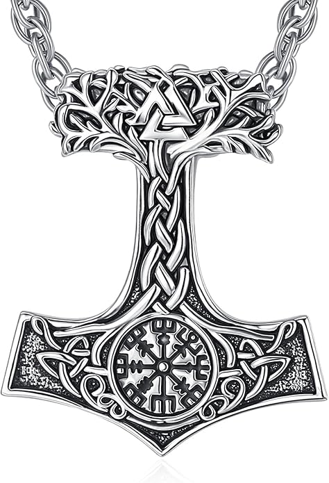 INFUSEU Mythology Pendant Necklaces for Men, Viking Norse Mjolnir Egyptian Anubis Ankh, 22-24 Inch Chain