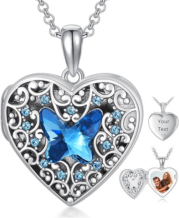Dorunmo Personalized Locket Necklace 925 Sterling Silver that Holds Pictures Butterfly Birthstone Photo Heart Locket Custom Jewelry Congratulations New Beginnings New Job Gifts for Women