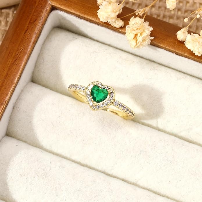 Gold Birthstone Rings for Women Non Tarnish 14k Gold Plated Dainty Heart Rings Adjustable Size Cubic Zirconia Ring Gold Simulated Gemstone Rings Birthday Gifts for Women