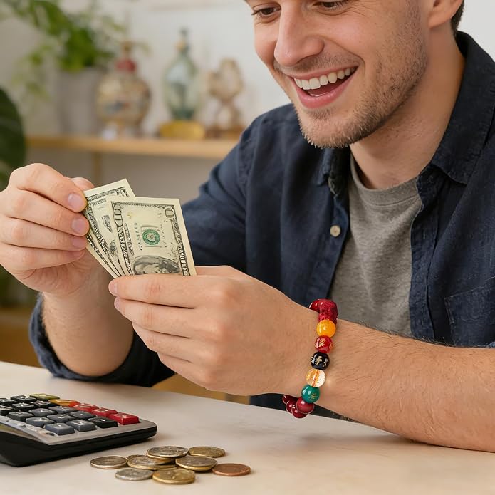 Five Roads Wealth God Cinnabar Pixiu Bracelet - Feng Shui Red String Bracelet for Good Luck & Money Attraction, Fortune Blessing for Men & Women, Adjustable Lucky Charm Bracelet (Classic & Cinnabar Options, 8/10/12mm)