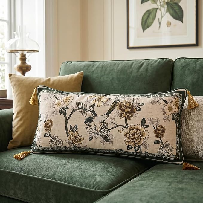 ISAENNE Vintage Linen Rectangle Throw Pillow Cover,Set of 2,28"x12"-Murad A | Designer French Decor Pillow Cover,Concealed Zipper Design,Floral and Bird Pattern,Sofa,Bedroom,Living Room,Lounge Chairs
