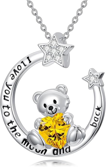 PELOVNY Teddy Bear Necklace for Women 925 Sterling Silver Bear/Highland Cow/Fox/Cat/Axolotl Birthstone Necklace Christmas Birthday Jewelry Gifts for Mom Daughter Wife Sister