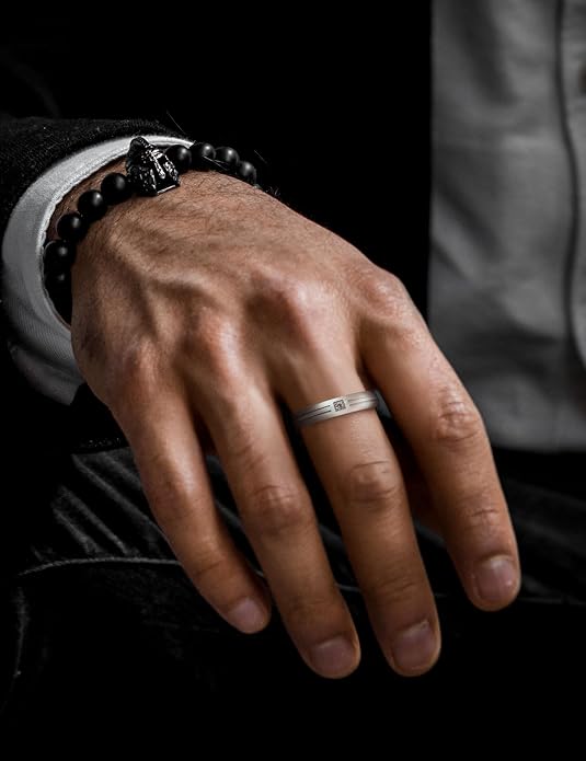 King Will Men's Titanium Wedding Band - 8mm Polished Band with Step Edges and Cross Design Featuring White Zirconia Insets Comfort Fit Size 7-14