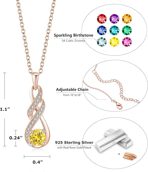 Birthstone Necklaces for Women 925 Sterling Silver Infinity Pendant Created Gemstone Jewelry for Her, 16"+2"