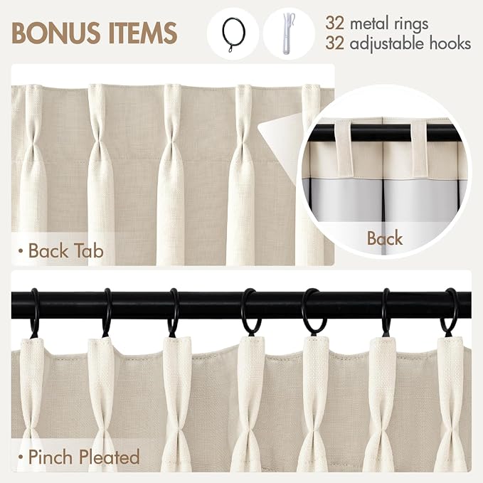 MIULEE Pinch Pleated 100% Blackout Curtains 40"x94" Long Birch 4 Panels Set | Thick Linen, Memory Trained Pleat, Back Tab Double Layer Drapes, Thermal Insulated, Curtain for Bedroom Living Room Darkening