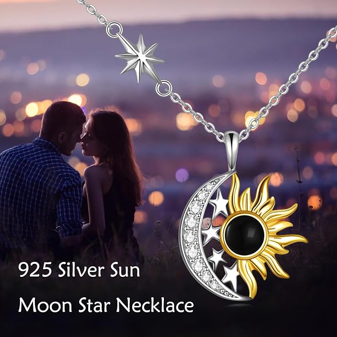 Sun and Moon Necklace for Women 925 Sterling Silver Celtic Crescent Moon Pendant Blue Opal/White Opal/Abelone Shell/Labradorite/Moonstone Jewelry Gift for Teen Girls