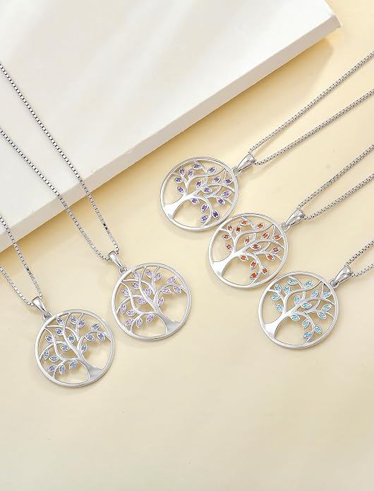 YL 925 Sterling Silver Tree of Life Necklace for Women Round Tree Pendant Birthstone Jewelry for Mom