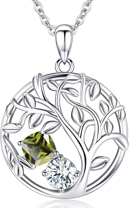 Tree of Life Birthstone Necklace for Women 925 Sterling Silver Birthstone Pendant 12 Months Necklaces with Zircon Birthday Gifts for Women, Mom, Grandma Cable Chain 18"+2"