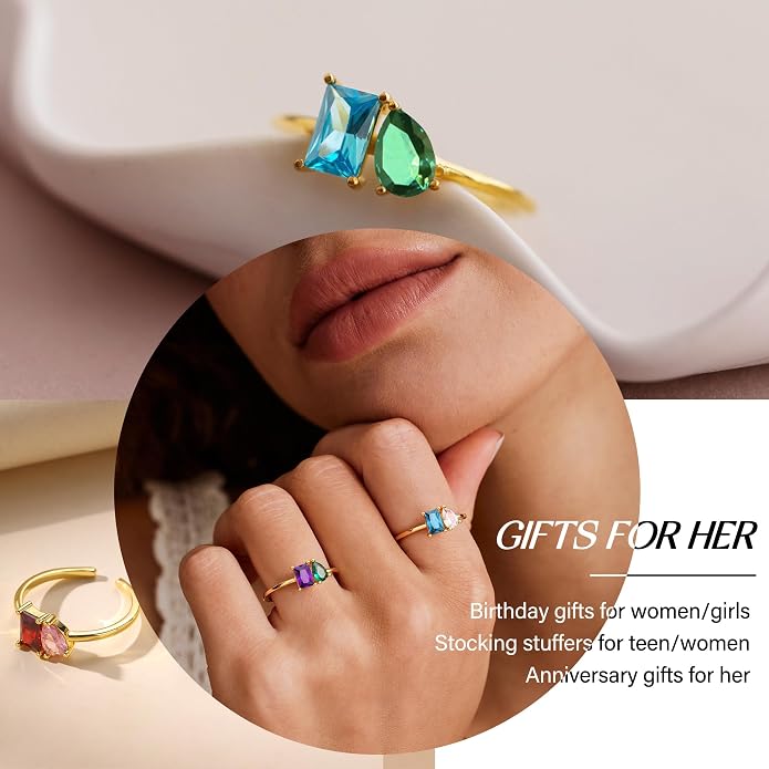 Birthstone Rings for Women, Non Tarnish Gold Rings 2026 Graduation Gifts Birthday Gift Trendy Teen Girl Stuff Dainty 14K Plated Adjustable CZ Stacking Promise Ring Anniversary Jewelry for Friend Sister Girlfriend Daughter