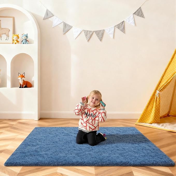 4x6 Rugs for Bedroom, Blue Fluffy Area Rugs for Living Room, Small Fuzzy Shag Soft Non-Slip Carpet for Kids Girls and Boys Nursery Dorm Indoor Room Home Decor (4ft X 6ft, Blue)