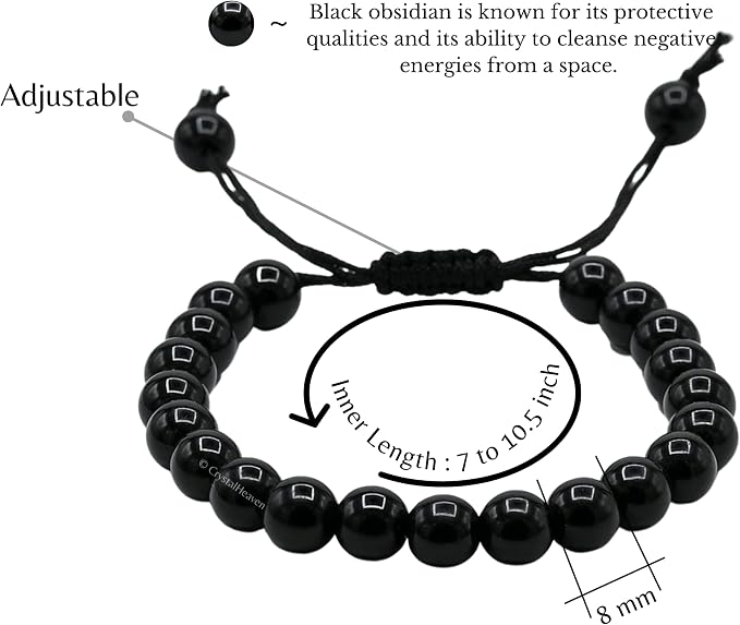 Amazing Gemstone Black Obsidian Bracelet for Women Men's Gifts - Protection Healing Crystal Bracelet - 8mm Gemstone Beaded Adjustable Bracelet Pulseras para Hombres Mujer Stocking Stuffers
