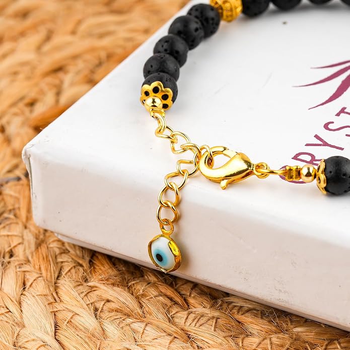 AAA Grade Natural Gemstone Beaded Bracelet, 14K Gold Plated with Evil Charm, Wicca & Reiki Healing Crystals, Handmade Bohemian Jewelry, Christmas Gift for Women (7+1inch)