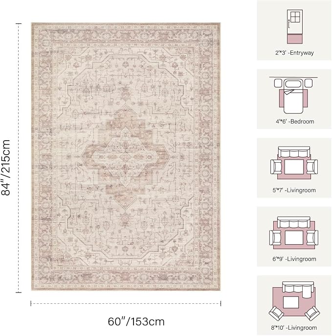 Rugxara 5x7 Soft Pink Washable Area Rug for Living Room & Bedroom, for Girls Women, Non Slip, Durable Low Pile Carpet, Vintage Carpets for Office, Dining Room, Kids Room and Farmhouse