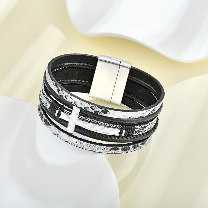 Leather Wrap Bracelets Cross Bracelets Trendy Layered Bracelet for Women Stackable Bracelet Jewelry Birthday Christmas