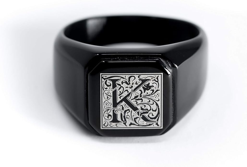 Jewelry | Stainless Steel Letter Alphabet Initial Ring | Square Flat Top Ring for Men & Women | Stainless Steel Jewelry, (Black, Gold, Silver), Size 7-16