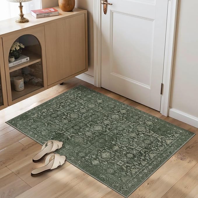 Rugxara 2x3 Entryway Rug Door Mat, Washable Samll Rug, Non Slip, Green | Rug for Entry Entrance Bathroom Kitchen, Stain Resistant, Soft Throw Accent Rug, Low Pile Front Door Mat, Vintage Boho Carpet