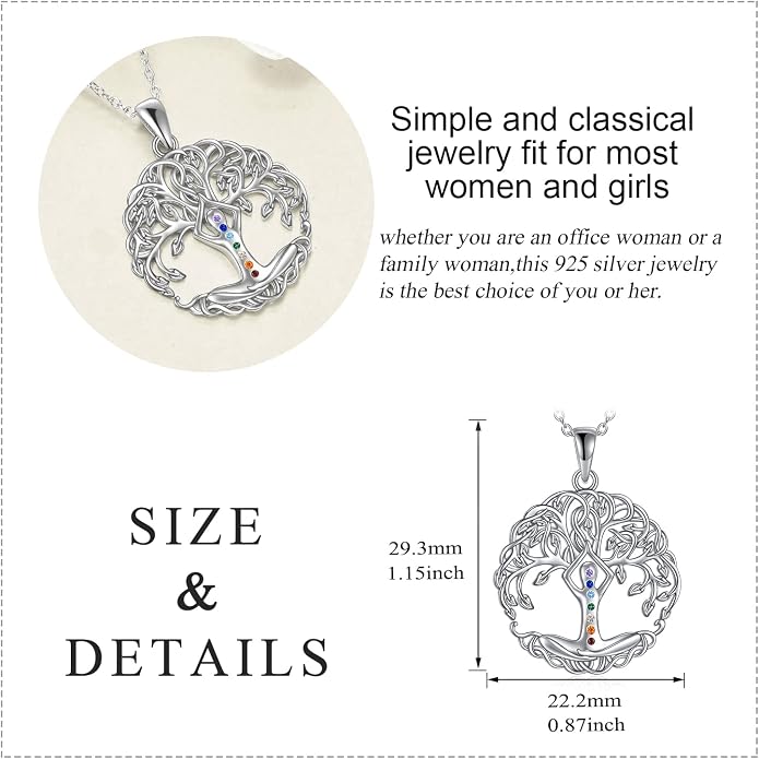 YAFEINI Chakra Necklace 925 Sterling Silver Angel/Tree of Life/Lotus/Dragonfly Neckalce Healing Crystal Pendant Neckalce Chakra Jewelry Gift for Women