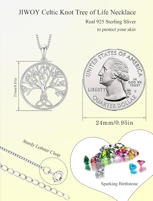 Celtic Knot Tree Necklace 925 Sterling Silver Tree of Life Pendant Birthstone Jewelry for Women