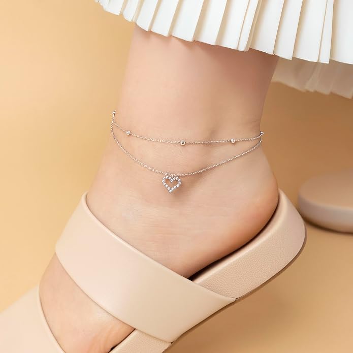 Amberta Silver Gold Waterproof Ankle Bracelets for Women | Boho Layered Anklets for Women | Summer Jewelry, Adjustable Ankle Chain Beaded Rope Heart
