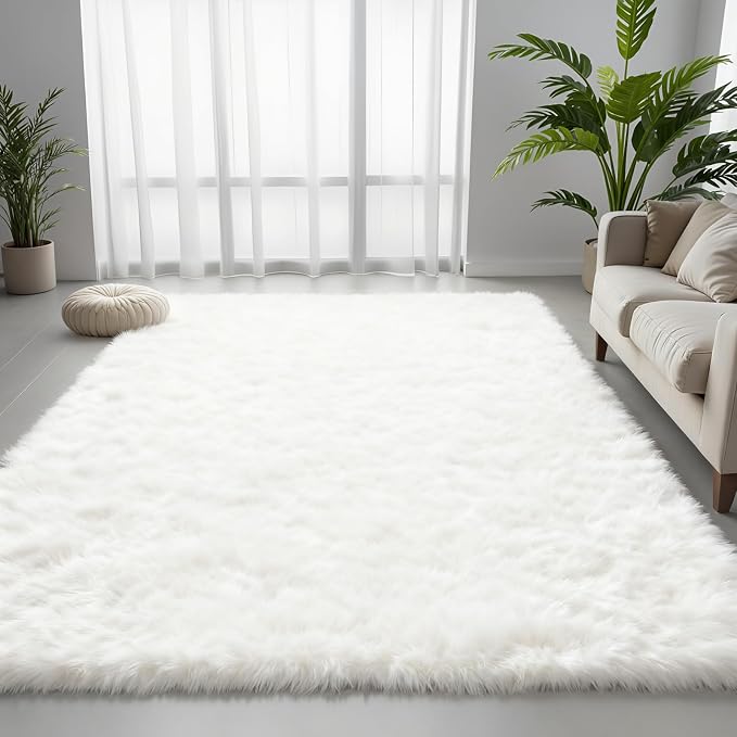 6x9 Area Rug for Living Room, Ultra Soft Fluffy Shag Rugs for Bedroom, Non-Slip Large Fuzzy Plush Rug Indoor Floor Carpet for Nursery Kids Office Dorm Modern Decor, White