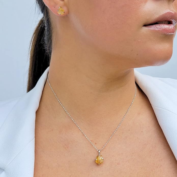 Natural raw gemstone pendant chain necklace with white gold over 925 solid sterling silver, birthstone dainty solitaire gift for her, uniquelan jewelry
